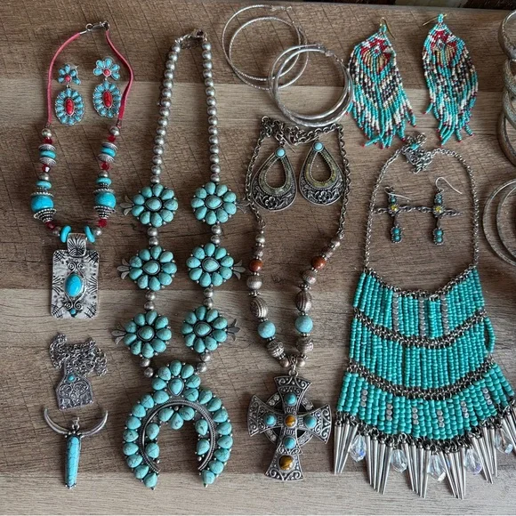 28 Piece Western Statement Jewelry Bundle - Squash Blossom Bracelets Earrings - Picture 2 of 13